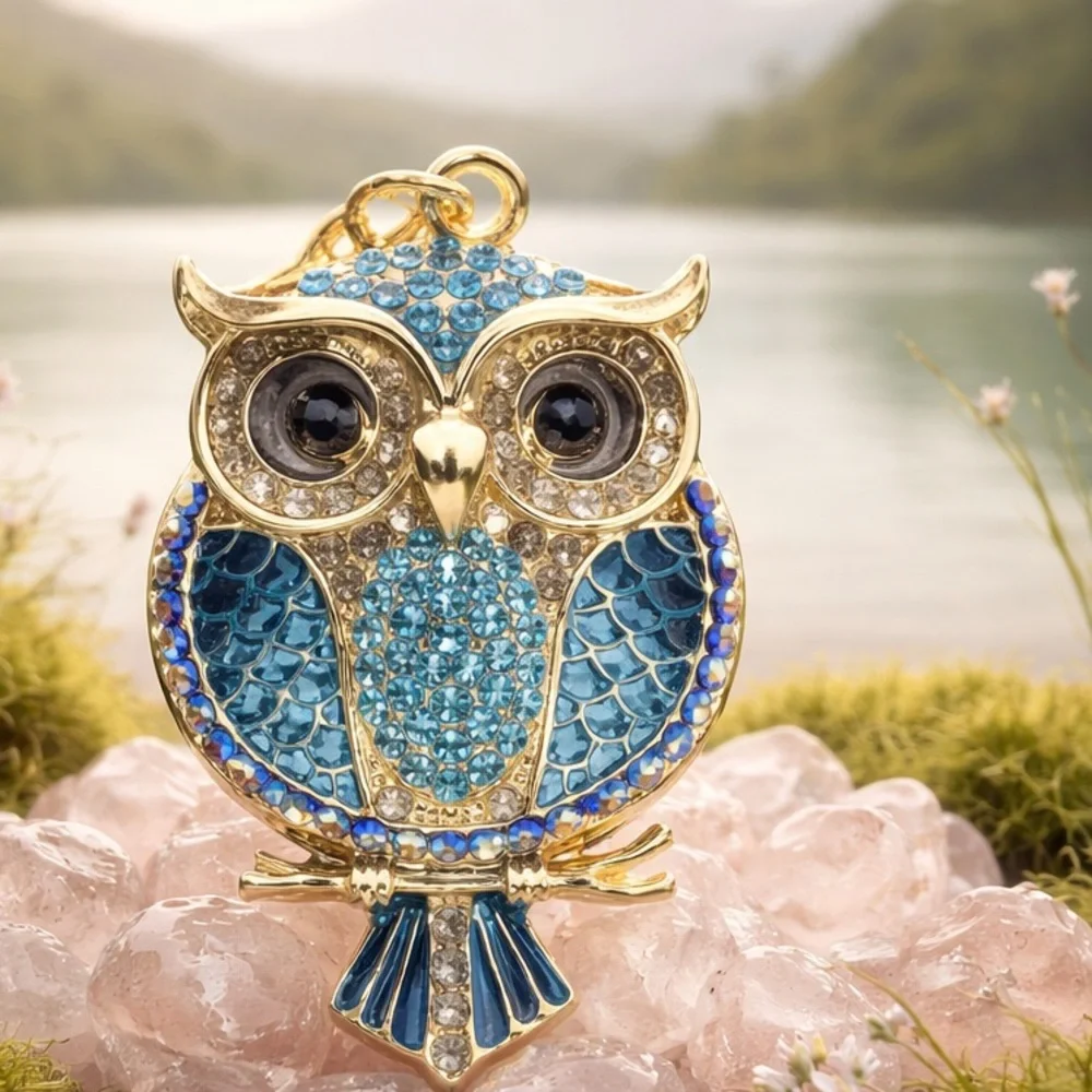 NWT Rhinestone Owl Keychain Key Ring or bag ornament fabulous